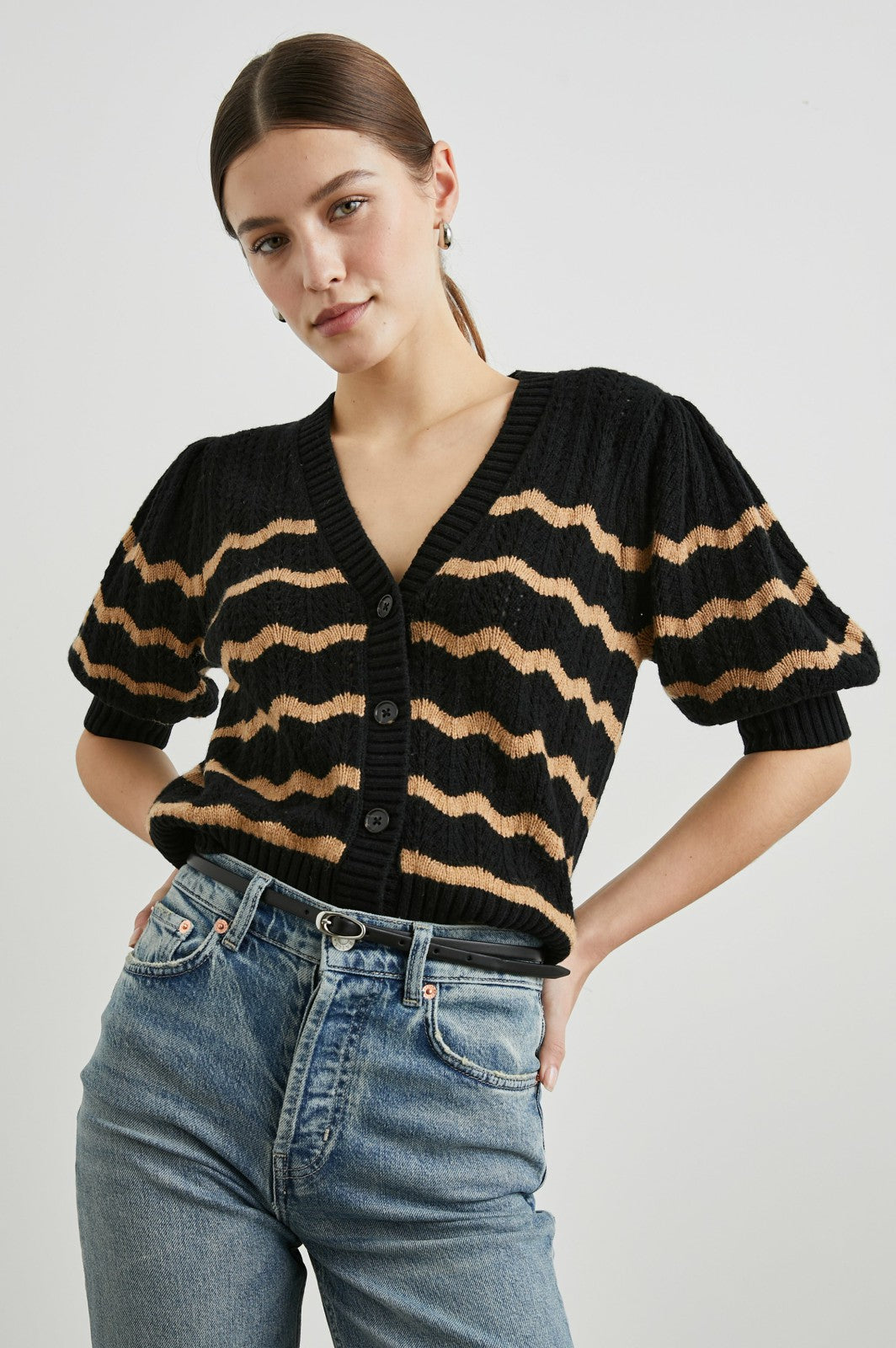 ISLA CARDIGAN - BLACK CAMEL STRIPE| Rails online