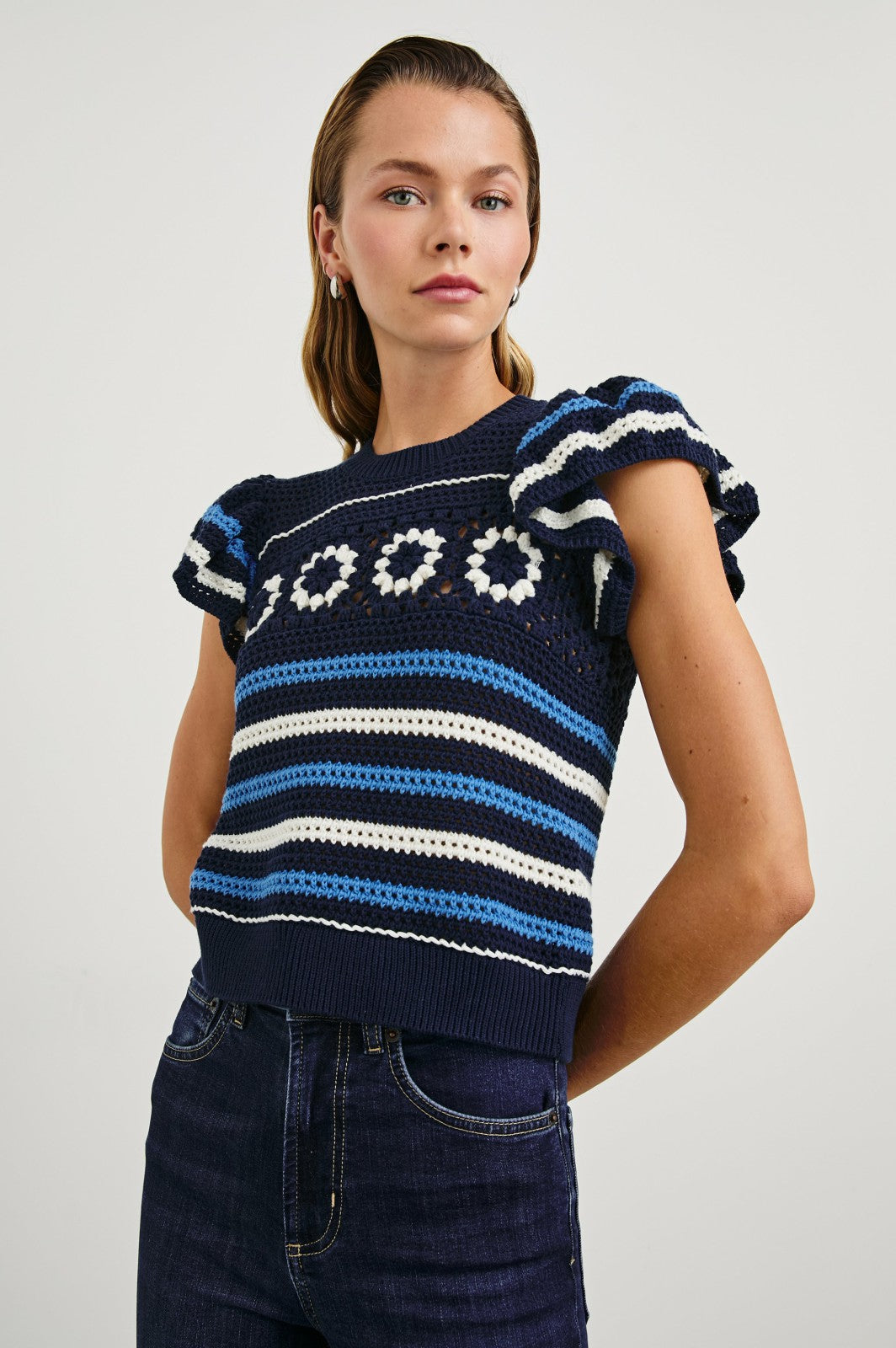 PENELOPE TOP - NAVY SKY CROCHET STRIPE| Rails near me