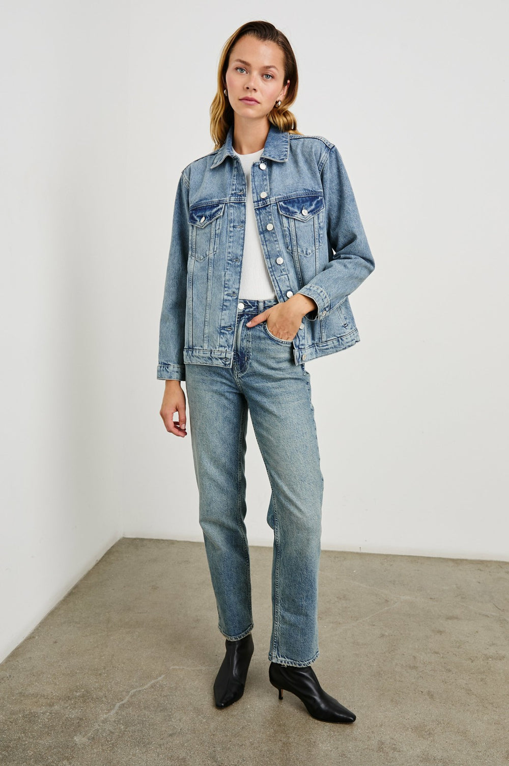 GROVE BOYFRIEND TRUCKER JACKET - EMBOSSED INDIGO| Rails for sale