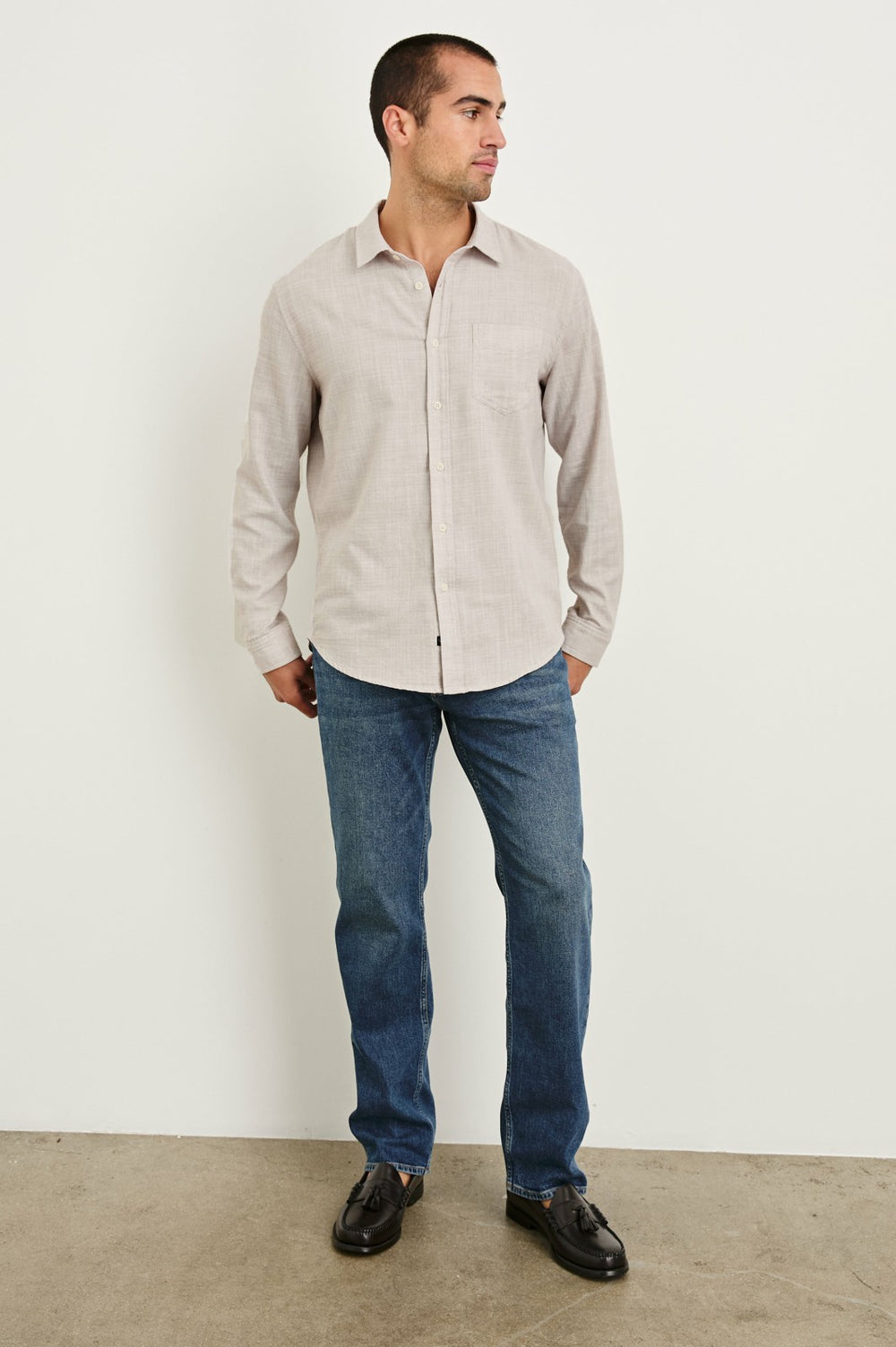 WYATT RELAXED FIT SHIRT - TAHINI ETCH| Rails for sale
